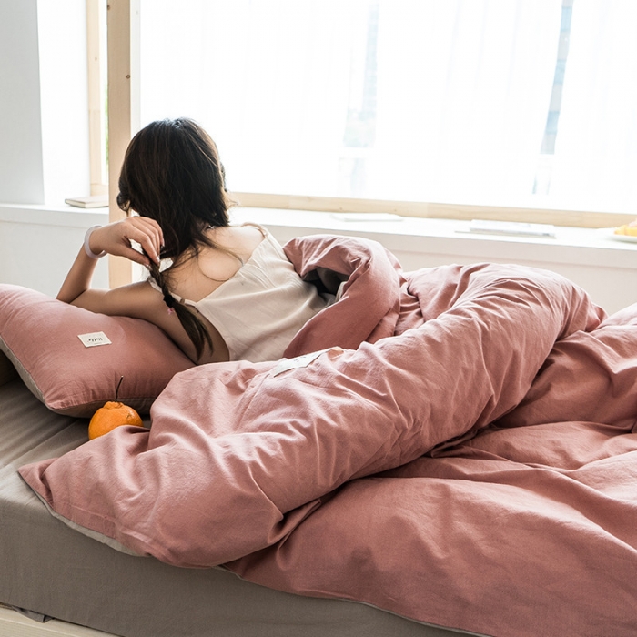 91家纺网 家纺一手货源 找家纺 蓝巢家纺 全棉水洗棉学生季三件套 珊瑚红卡其