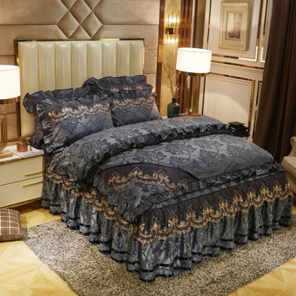 网红馆 2025新款天鹅绒盛世经典床裙四件套 灰色