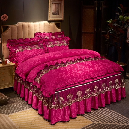 网红馆 2025天鹅绒皇家风范拉链款床裙四件套 玫红