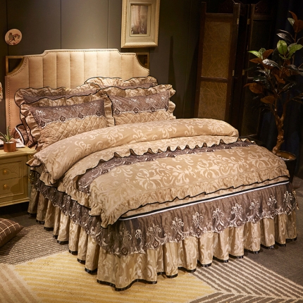 网红馆 2025天鹅绒皇家风范拉链款床裙四件套 驼色