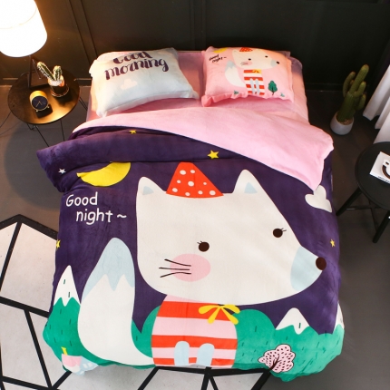 91家纺网 家纺一手货源 找家纺 佰亿莱 大版法莱绒四件套 小狐玛丽