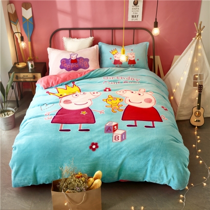 91家纺网 家纺一手货源 找家纺 佰亿莱 大版法莱绒四件套 小猪佩奇