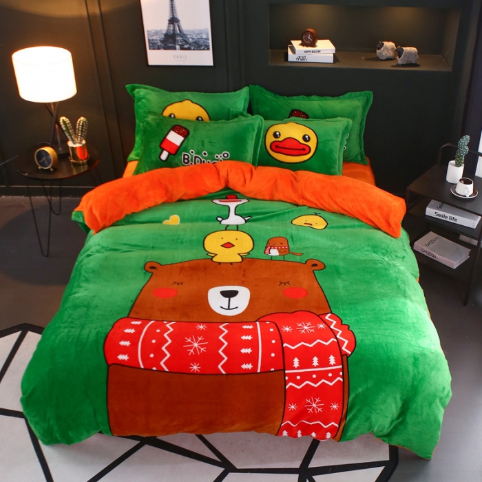 91家纺网 家纺一手货源 找家纺 佰亿莱 大版法莱绒四件套 萌萌熊