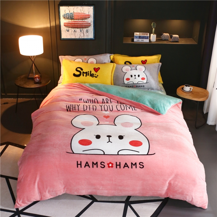 91家纺网 家纺一手货源 找家纺 佰亿莱 大版法莱绒四件套 妮妮兔