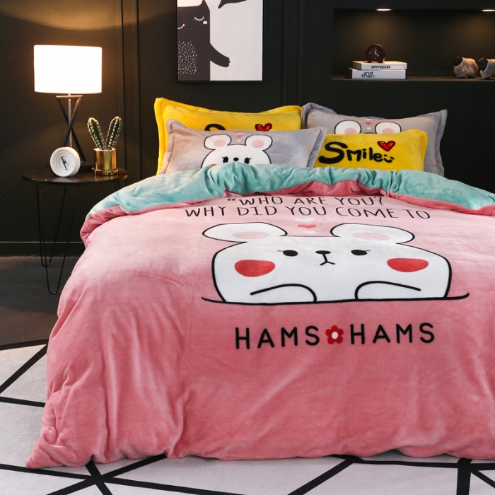 91家纺网 家纺一手货源 找家纺 佰亿莱 大版法莱绒四件套 妮妮兔