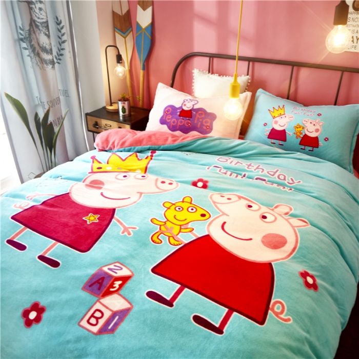 91家纺网 家纺一手货源 找家纺 佰亿莱 大版法莱绒四件套 小猪佩奇