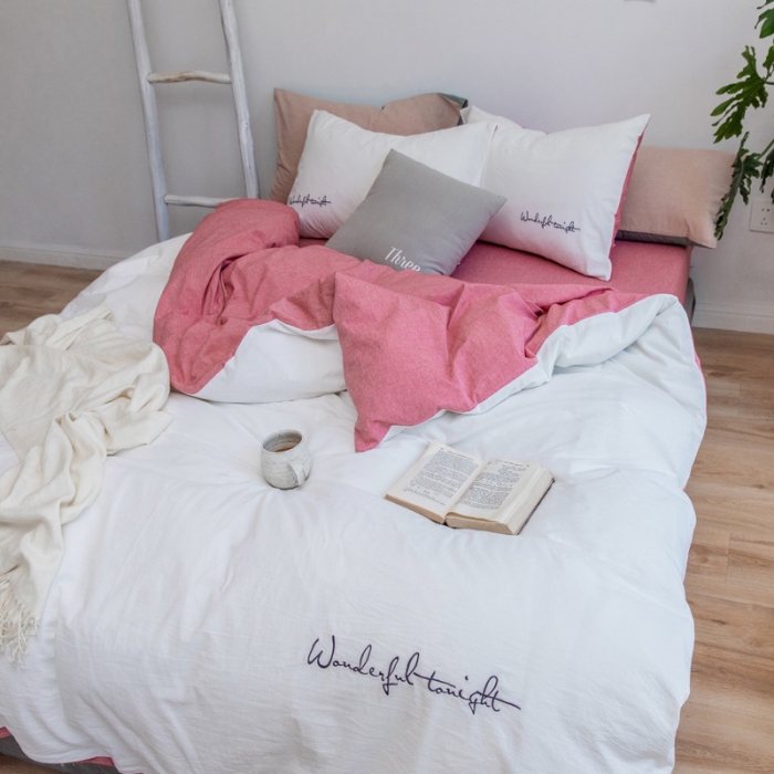 91家纺网 家纺一手货源 找家纺 怡家居 2019纯棉色织水洗刺绣简约款四件套床单款 白加豆沙