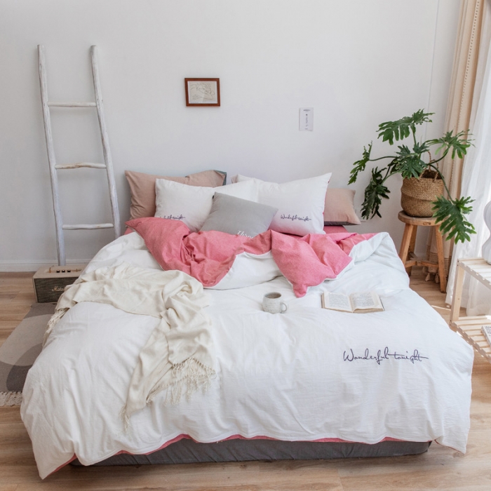 91家纺网 家纺一手货源 找家纺 怡家居 2019纯棉色织水洗刺绣简约款四件套床单款 白加豆沙