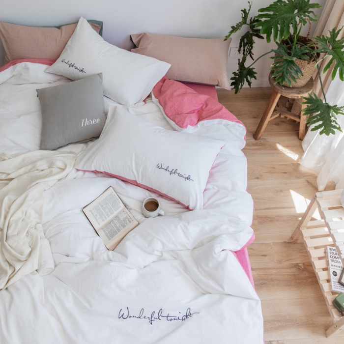 91家纺网 家纺一手货源 找家纺 怡家居 2019纯棉色织水洗刺绣简约款四件套床单款 白加豆沙