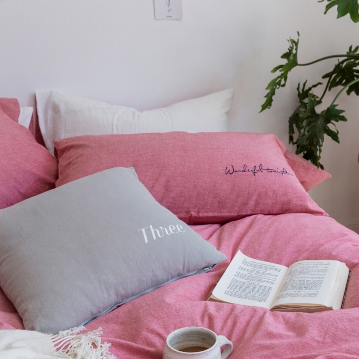 91家纺网 家纺一手货源 找家纺 怡家居 2019纯棉色织水洗刺绣简约款四件套床单款 豆沙