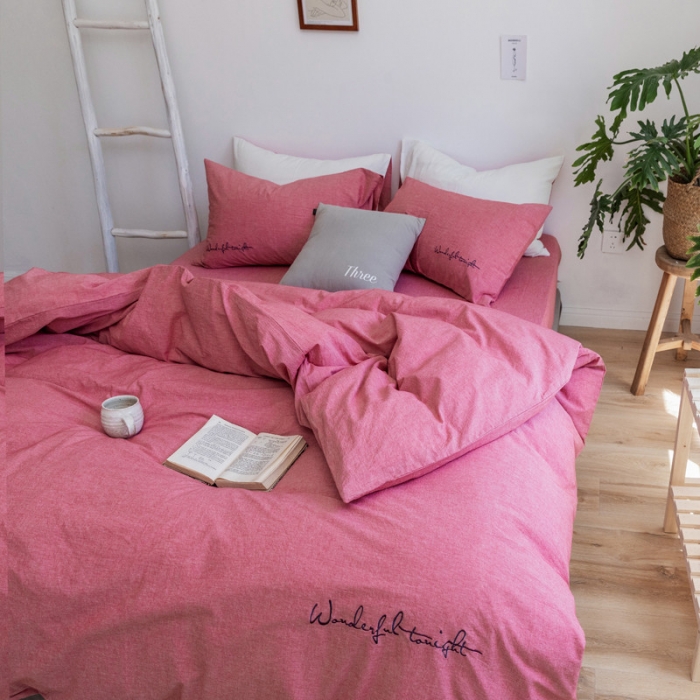 91家纺网 家纺一手货源 找家纺 怡家居 2019纯棉色织水洗刺绣简约款四件套床单款 豆沙