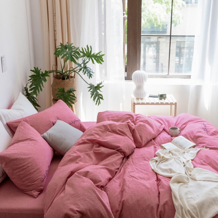 91家纺网 家纺一手货源 找家纺 怡家居 2019纯棉色织水洗刺绣简约款四件套床单款 豆沙