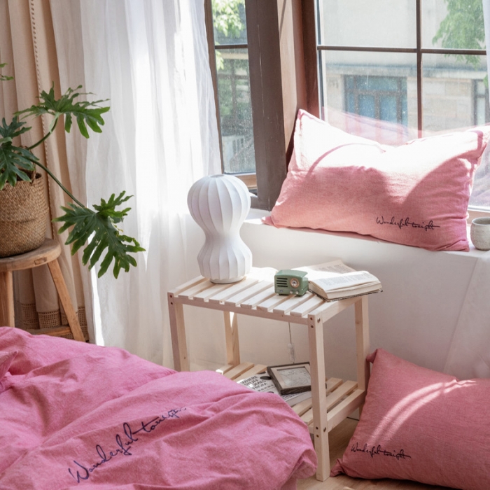 91家纺网 家纺一手货源 找家纺 怡家居 2019纯棉色织水洗刺绣简约款四件套床单款 豆沙