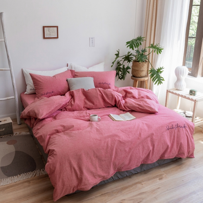 91家纺网 家纺一手货源 找家纺 怡家居 2019纯棉色织水洗刺绣简约款四件套床单款 豆沙