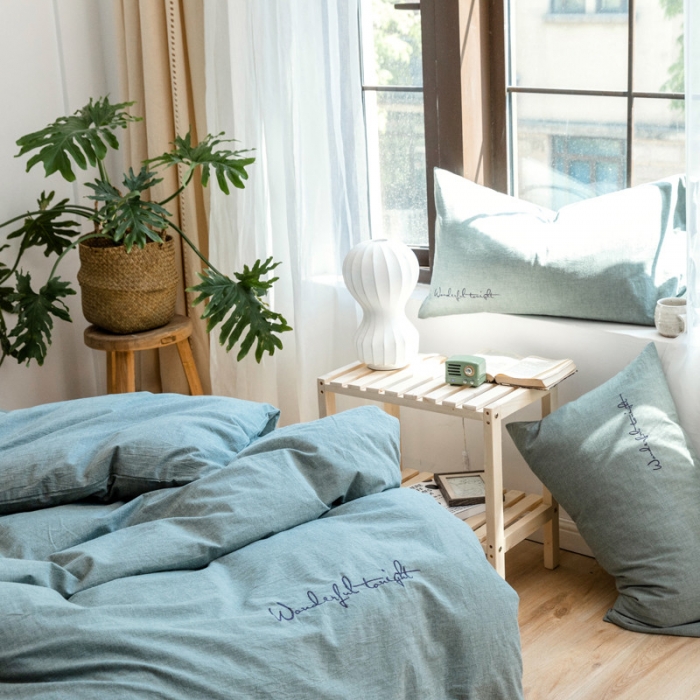 91家纺网 家纺一手货源 找家纺 怡家居 2019纯棉色织水洗刺绣简约款四件套床单款 军绿