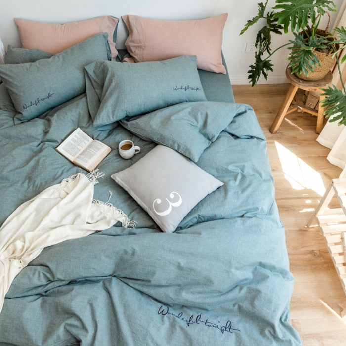 91家纺网 家纺一手货源 找家纺 怡家居 2019纯棉色织水洗刺绣简约款四件套床单款 军绿