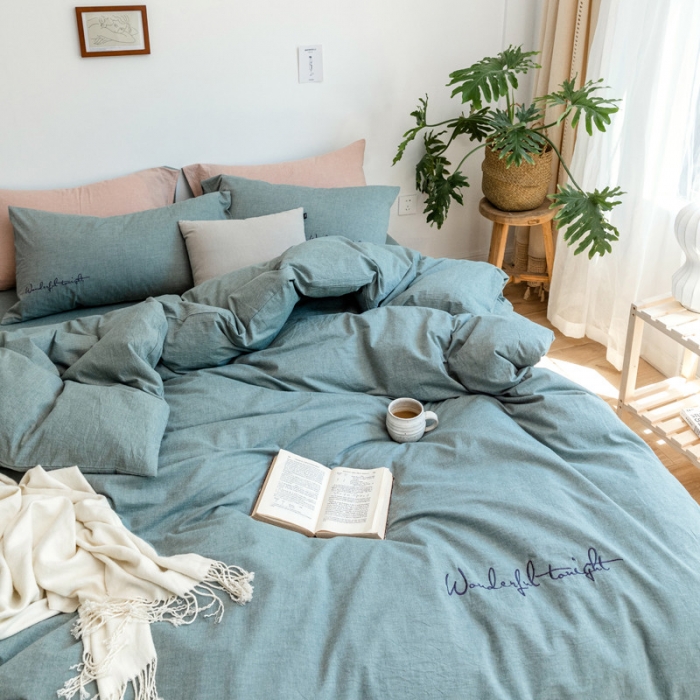 91家纺网 家纺一手货源 找家纺 怡家居 2019纯棉色织水洗刺绣简约款四件套床单款 军绿