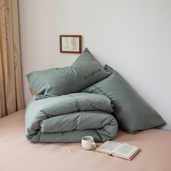 91家纺网 家纺一手货源 找家纺 怡家居 2019纯棉色织水洗刺绣简约款四件套床单款 军绿卡其