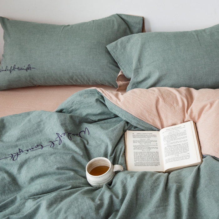 91家纺网 家纺一手货源 找家纺 怡家居 2019纯棉色织水洗刺绣简约款四件套床单款 军绿卡其