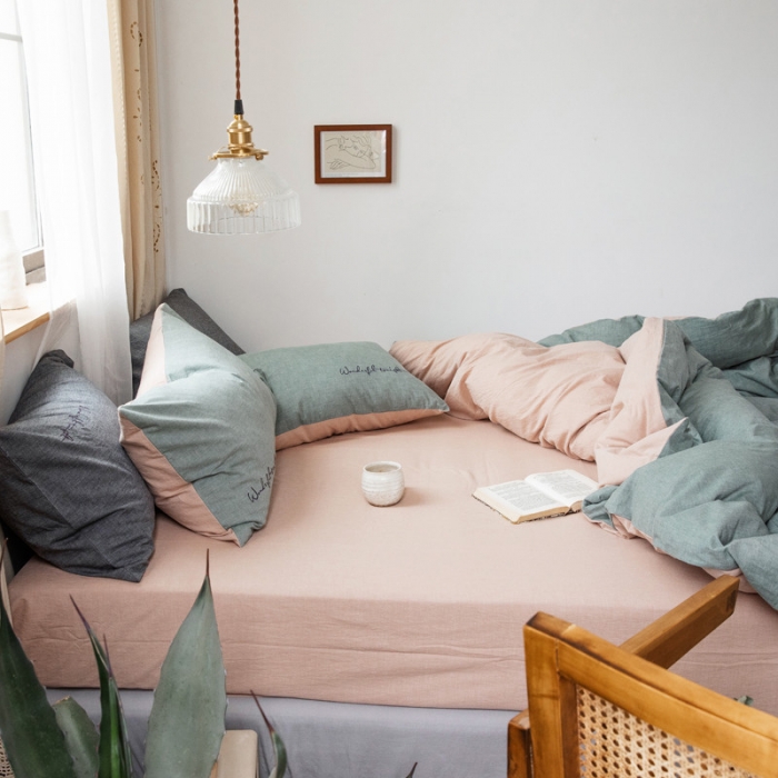 91家纺网 家纺一手货源 找家纺 怡家居 2019纯棉色织水洗刺绣简约款四件套床单款 军绿卡其