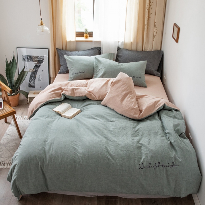 91家纺网 家纺一手货源 找家纺 怡家居 2019纯棉色织水洗刺绣简约款四件套床单款 军绿卡其