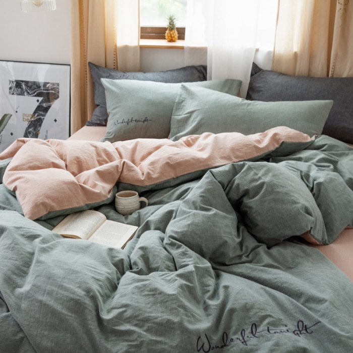 91家纺网 家纺一手货源 找家纺 怡家居 2019纯棉色织水洗刺绣简约款四件套床单款 军绿卡其