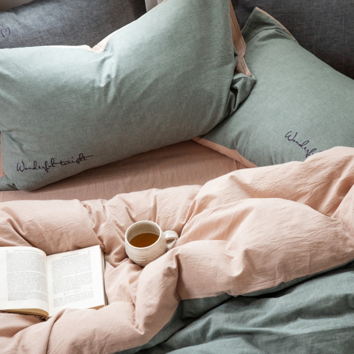 91家纺网 家纺一手货源 找家纺 怡家居 2019纯棉色织水洗刺绣简约款四件套床单款 军绿卡其