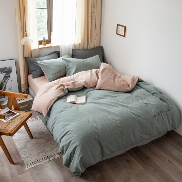 91家纺网 家纺一手货源 找家纺 怡家居 2019纯棉色织水洗刺绣简约款四件套床单款 军绿卡其