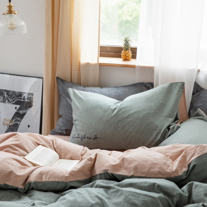 91家纺网 家纺一手货源 找家纺 怡家居 2019纯棉色织水洗刺绣简约款四件套床单款 军绿卡其