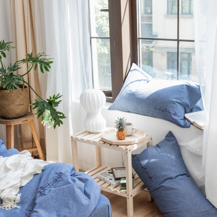 91家纺网 家纺一手货源 找家纺 怡家居 2019纯棉色织水洗刺绣简约款四件套床单款 牛仔蓝