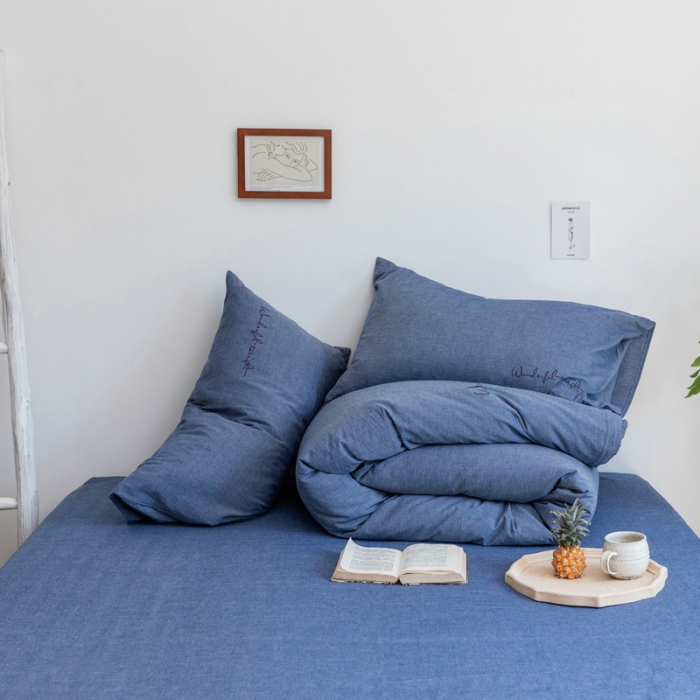 91家纺网 家纺一手货源 找家纺 怡家居 2019纯棉色织水洗刺绣简约款四件套床单款 牛仔蓝