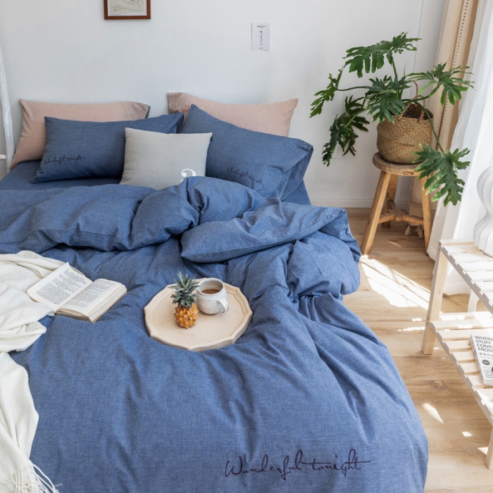 91家纺网 家纺一手货源 找家纺 怡家居 2019纯棉色织水洗刺绣简约款四件套床单款 牛仔蓝