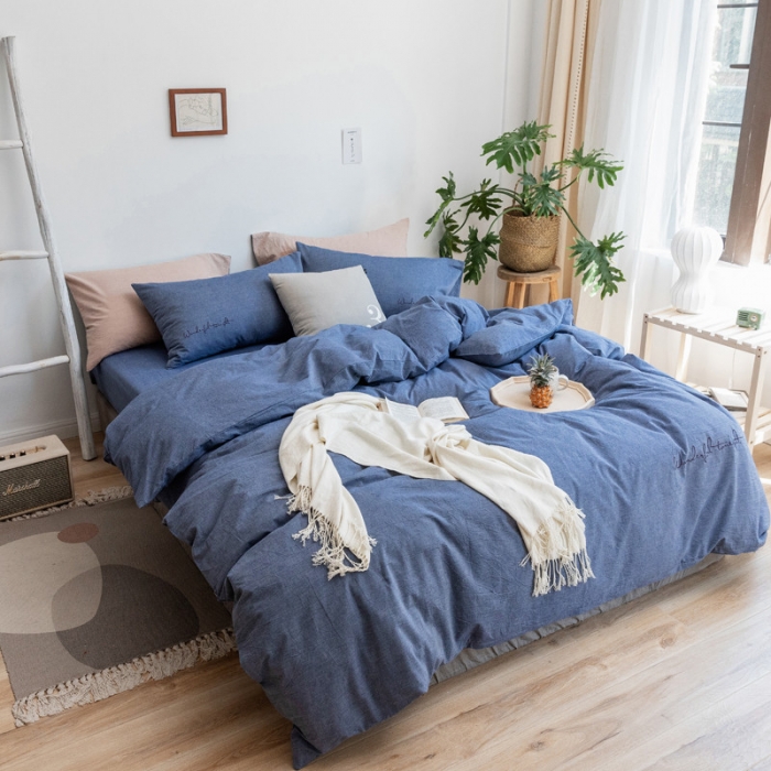 91家纺网 家纺一手货源 找家纺 怡家居 2019纯棉色织水洗刺绣简约款四件套床单款 牛仔蓝