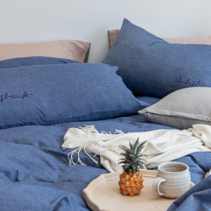 91家纺网 家纺一手货源 找家纺 怡家居 2019纯棉色织水洗刺绣简约款四件套床单款 牛仔蓝