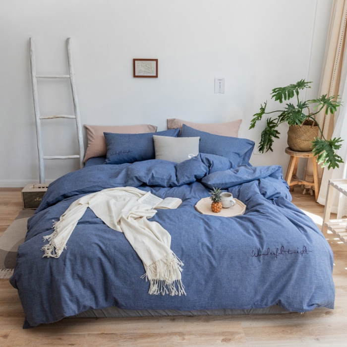 91家纺网 家纺一手货源 找家纺 怡家居 2019纯棉色织水洗刺绣简约款四件套床单款 牛仔蓝