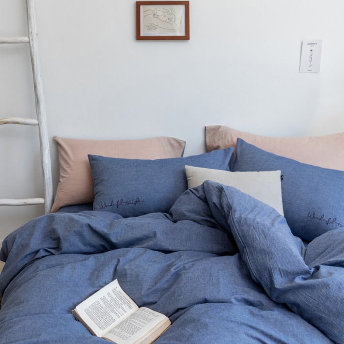 91家纺网 家纺一手货源 找家纺 怡家居 2019纯棉色织水洗刺绣简约款四件套床单款 牛仔蓝