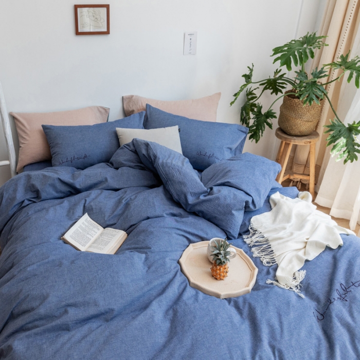 91家纺网 家纺一手货源 找家纺 怡家居 2019纯棉色织水洗刺绣简约款四件套床单款 牛仔蓝