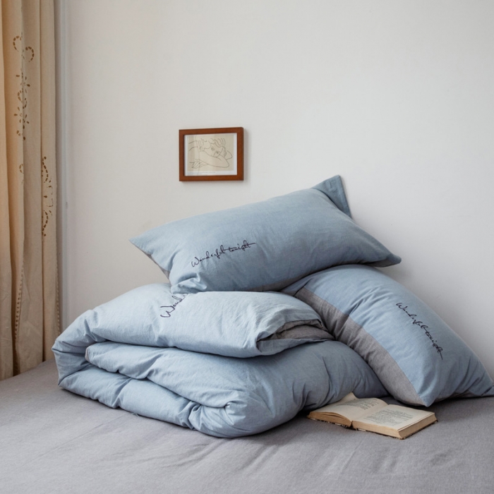 91家纺网 家纺一手货源 找家纺 怡家居 2019纯棉色织水洗刺绣简约款四件套床单款 天蓝加灰