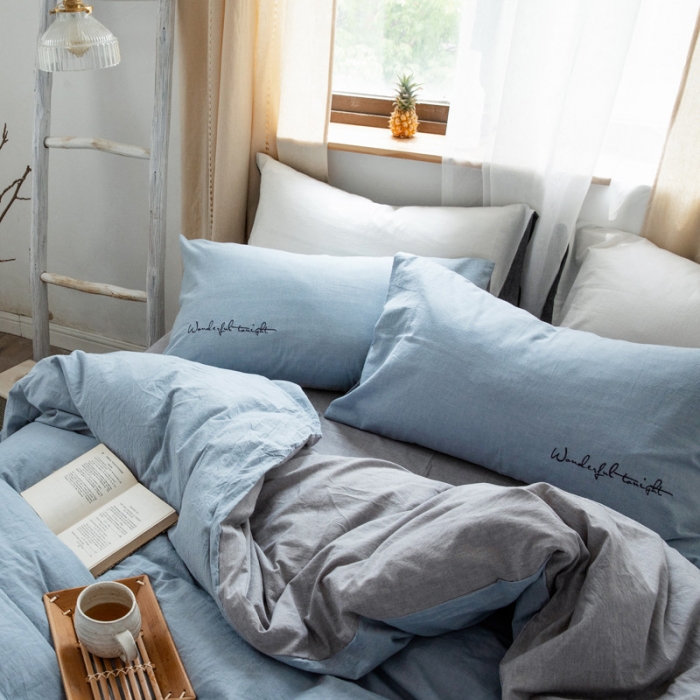 91家纺网 家纺一手货源 找家纺 怡家居 2019纯棉色织水洗刺绣简约款四件套床单款 天蓝加灰