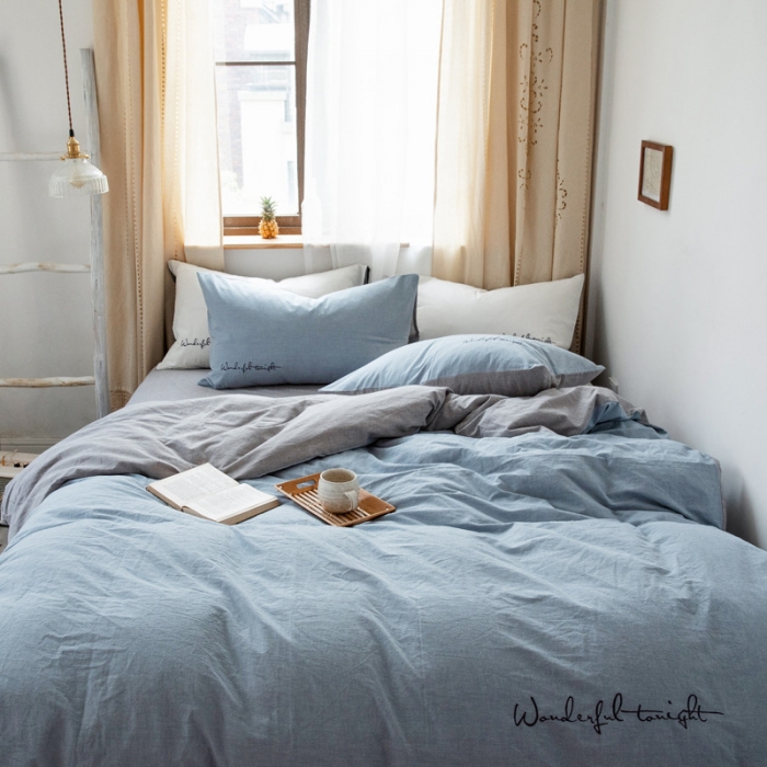 91家纺网 家纺一手货源 找家纺 怡家居 2019纯棉色织水洗刺绣简约款四件套床单款 天蓝加灰