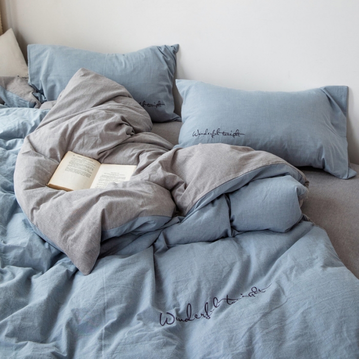 91家纺网 家纺一手货源 找家纺 怡家居 2019纯棉色织水洗刺绣简约款四件套床单款 天蓝加灰