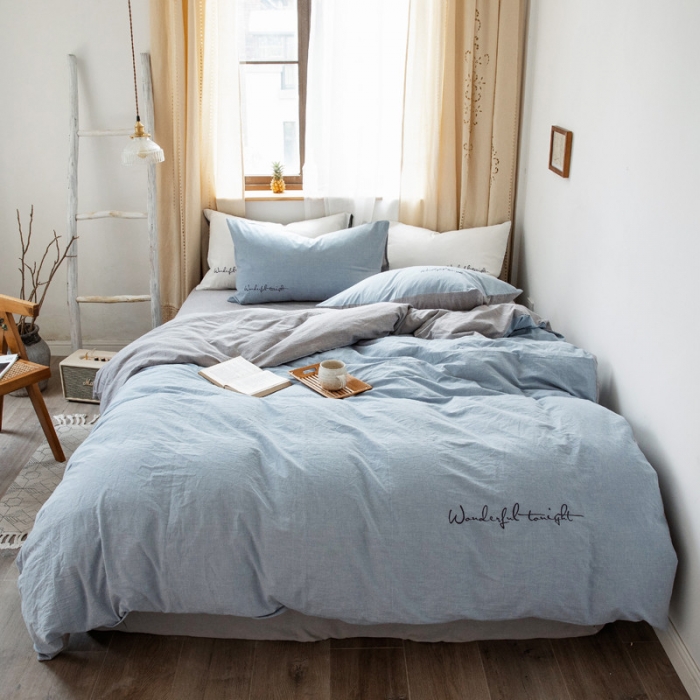 91家纺网 家纺一手货源 找家纺 怡家居 2019纯棉色织水洗刺绣简约款四件套床单款 天蓝加灰