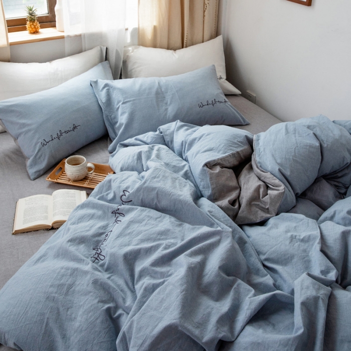 91家纺网 家纺一手货源 找家纺 怡家居 2019纯棉色织水洗刺绣简约款四件套床单款 天蓝加灰