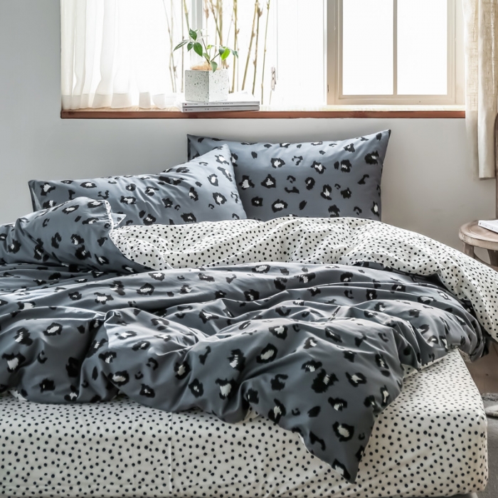 91家纺网 家纺一手货源 找家纺 怡家居 2019全棉斜纹印花小清新四件套 模拍图 豹纹