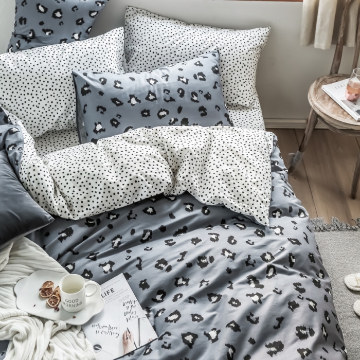 91家纺网 家纺一手货源 找家纺 怡家居 2019全棉斜纹印花小清新四件套 模拍图 豹纹