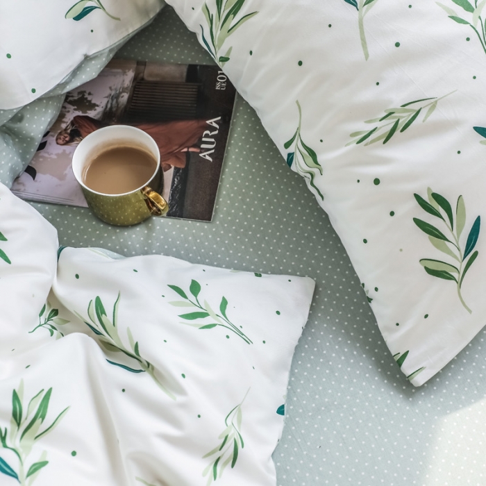 91家纺网 家纺一手货源 找家纺 怡家居 2019全棉斜纹印花小清新四件套 模拍图 抹绿