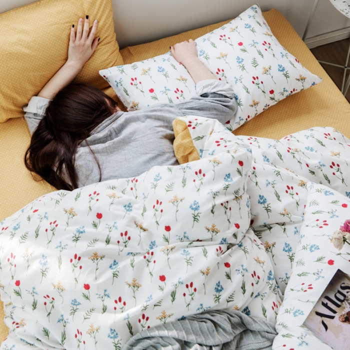 91家纺网 家纺一手货源 找家纺 怡家居 2019全棉斜纹印花小清新四件套 模拍图 踏青