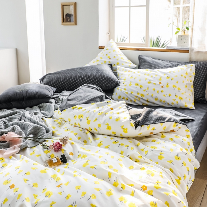 91家纺网 家纺一手货源 找家纺 怡家居 2019全棉斜纹印花小清新四件套 模拍图 向阳