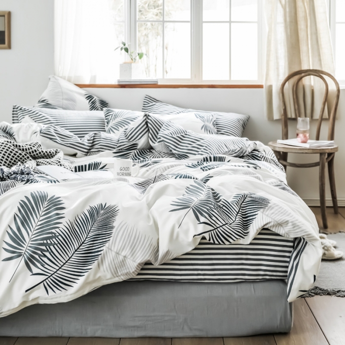 91家纺网 家纺一手货源 找家纺 怡家居 2019全棉斜纹印花小清新四件套 模拍图 羽叶