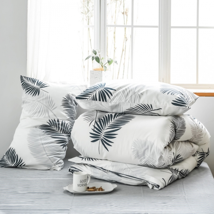 91家纺网 家纺一手货源 找家纺 怡家居 2019全棉斜纹印花小清新四件套 模拍图 羽叶